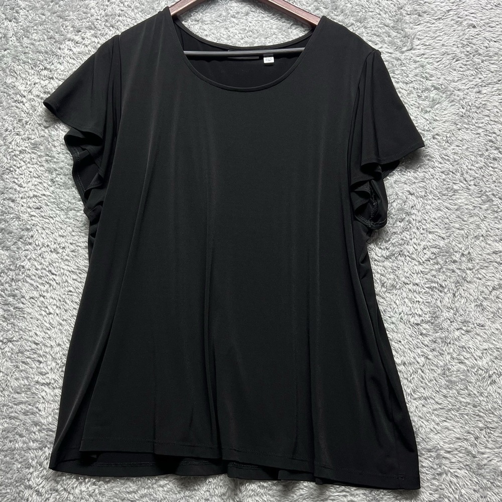 Susan Graver Top Womens Plus 2X Black Flutter Sleeve‎ Liquid Knit USA Casual